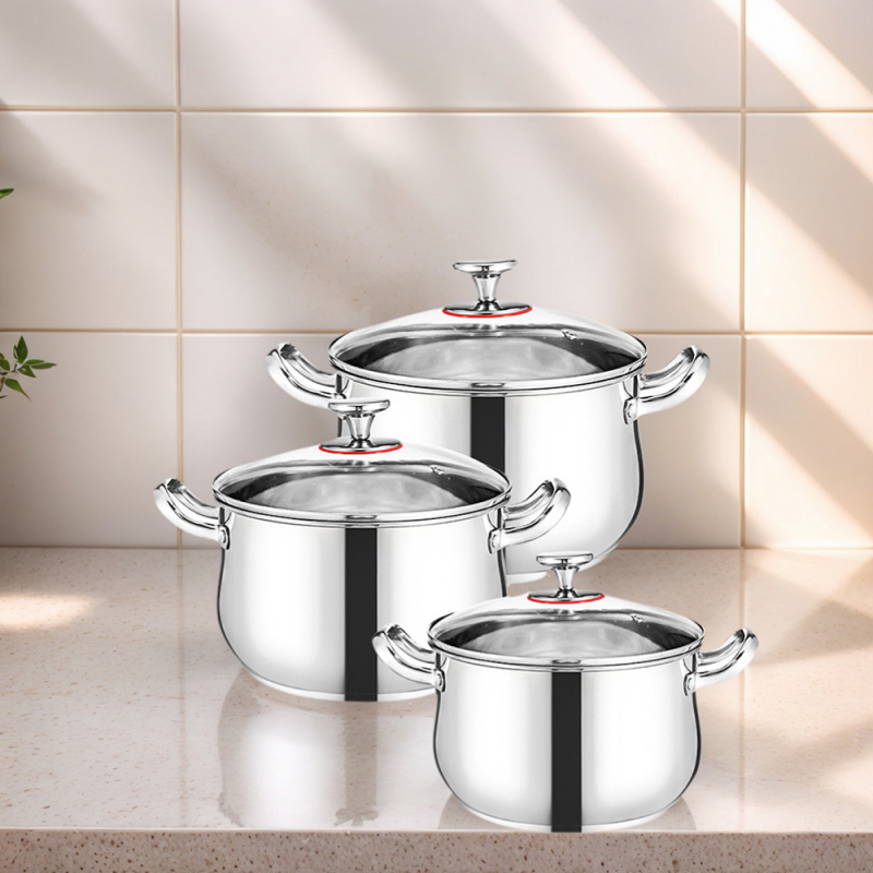 Set hrncov a panví - oblúkovitého tvaru z 201 nerezovej ocele, 6 dielov s pokrievkami z skla, nepriľnavé, vhodné na všetky typy varných dosiek