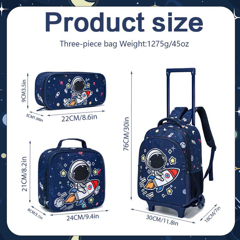 Σακίδιο με ρόδες για μαθητές 3ης–4ης τάξης, εξωτερικό ύφασμα Oxford, επένδυση νάιλον, καμπύλες ιμάντες ώμου, τροχοί μονής κατεύθυνσης