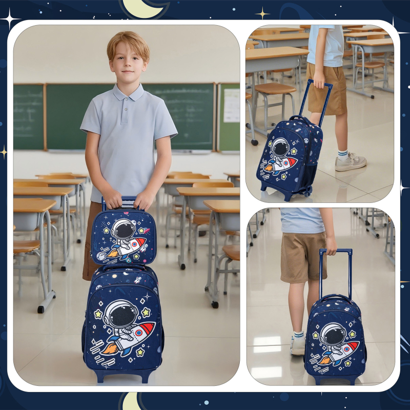 Σακίδιο με ρόδες για μαθητές 3ης–4ης τάξης, εξωτερικό ύφασμα Oxford, επένδυση νάιλον, καμπύλες ιμάντες ώμου, τροχοί μονής κατεύθυνσης