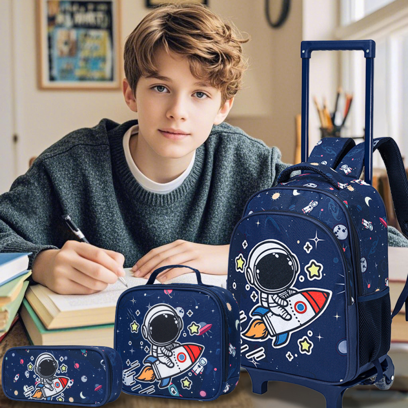 Σακίδιο με ρόδες για μαθητές 3ης–4ης τάξης, εξωτερικό ύφασμα Oxford, επένδυση νάιλον, καμπύλες ιμάντες ώμου, τροχοί μονής κατεύθυνσης