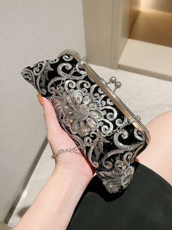 Večerná crossbody kabelka s výšivkou a perlami, polyester, saténová podšívka, tvrdá konštrukcia, vrecko na telefón, reťazový remienok