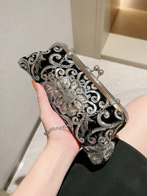 Večerná crossbody kabelka s výšivkou a perlami, polyester, saténová podšívka, tvrdá konštrukcia, vrecko na telefón, reťazový remienok