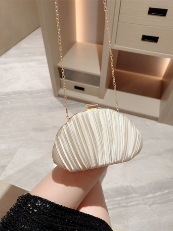Satenska večernja clutch torbica s oblikom školjke, ovalni tvrdi kućište, s lancem, nošenje u ruci ili preko ramena