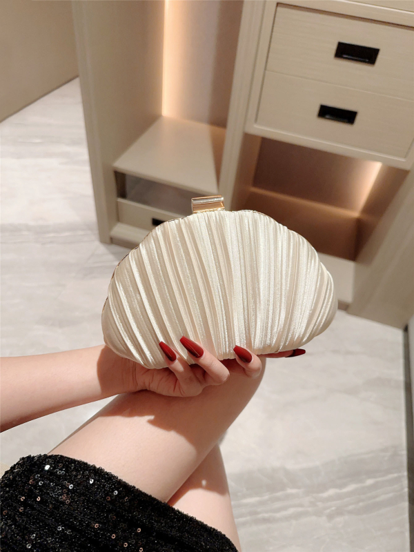 Satenska večernja clutch torbica s oblikom školjke, ovalni tvrdi kućište, s lancem, nošenje u ruci ili preko ramena