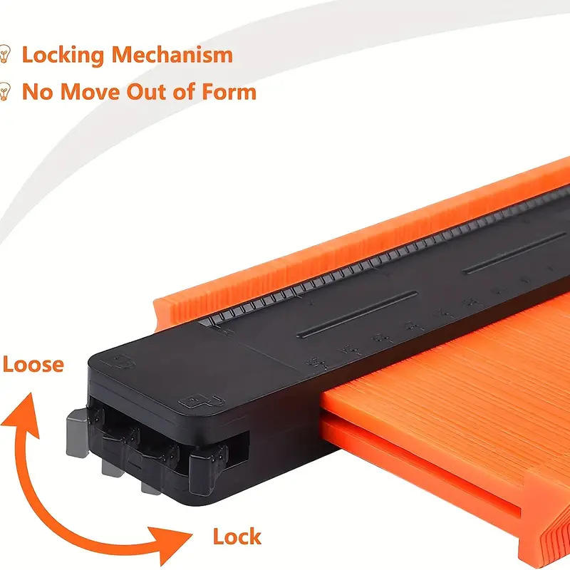 Zámková kontúrná meracia pomôcka pre stolárstvo — profilovanie kontúr, s metrickými a imperiálnymi stupnicami, z plastu