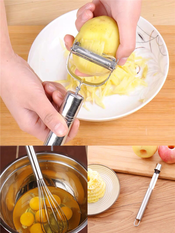 Комплект от три кухненски принадлежности от неръждаема стомана: разбърквач за яйца, двустранен настъргвач с усмихнато лице и изважач на сърцевини на плодове