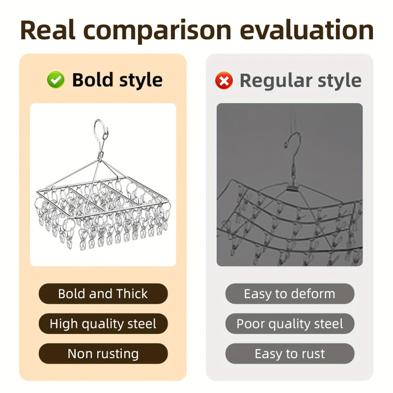 Sistem de uscare haine din oțel inoxidabil, cadru pătrat portabil, cu mai multe cleme pentru șosete, design modern minimalist