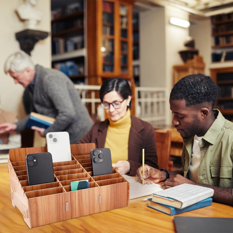 Дървена настолна кутия за съхранение с разделения, персонализируема, модерен минималистичен стил, възможност за печат на лого.