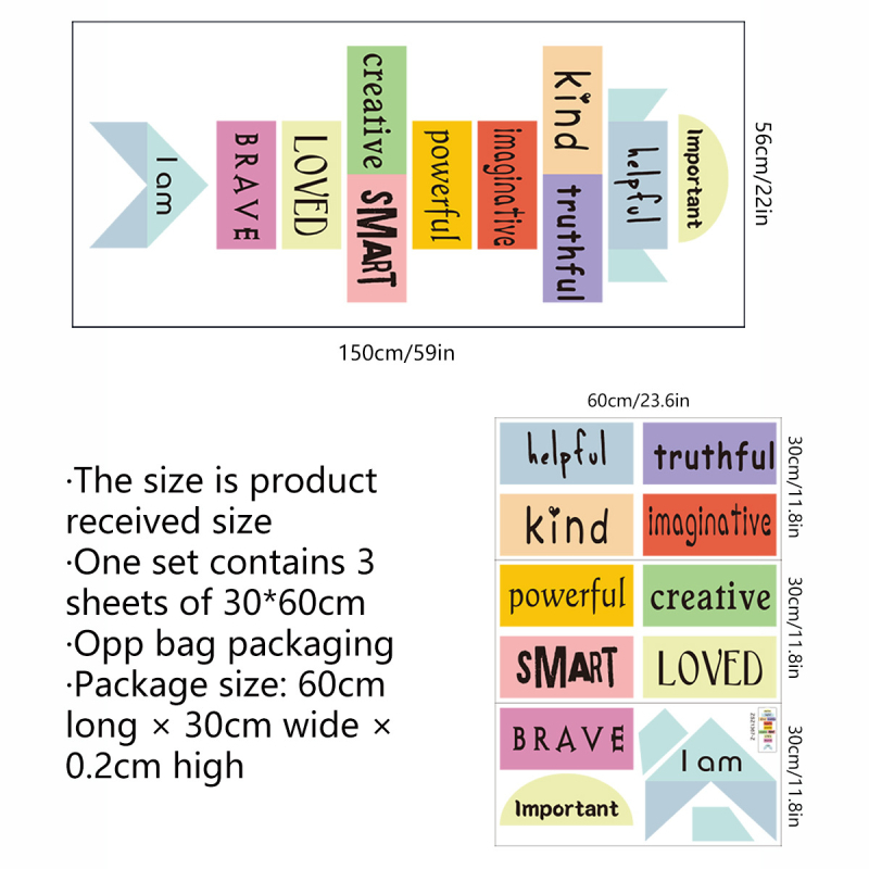 Naljepnica za zid - PVC, 3 komada, engleska slova s grafičkim motivima, graffiti stil, pogodna za dnevni boravak, spavaću sobu i radnu sobu