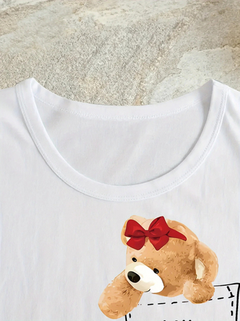 Majica s printom medvjeda, pamučna, kratkih rukava, okrugli izrez, casual gornji dio, japansko-korejski casual stil