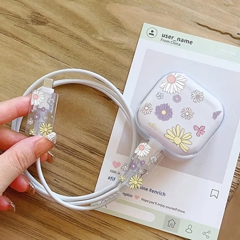 TPU aizsargkorpuss Apple 18W/20W uzlādei ar anti-breakage kabeli un ziedu rakstu, modelis A807