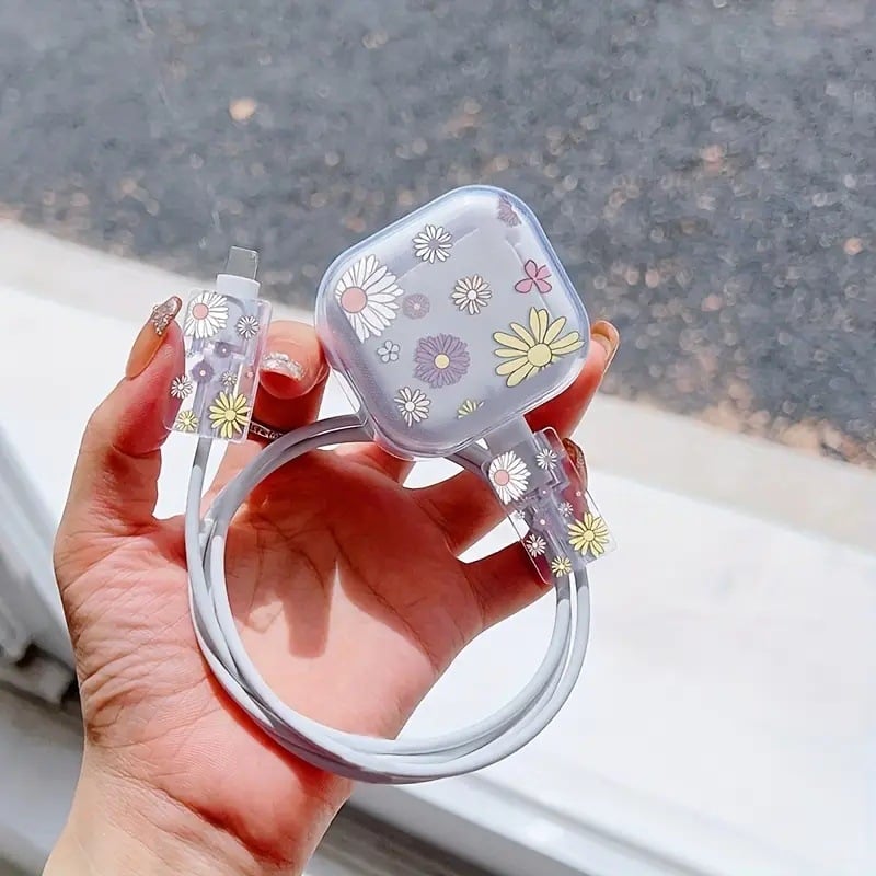 TPU aizsargkorpuss Apple 18W/20W uzlādei ar anti-breakage kabeli un ziedu rakstu, modelis A807