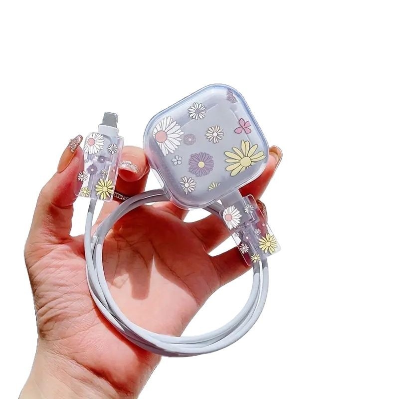 TPU aizsargkorpuss Apple 18W/20W uzlādei ar anti-breakage kabeli un ziedu rakstu, modelis A807