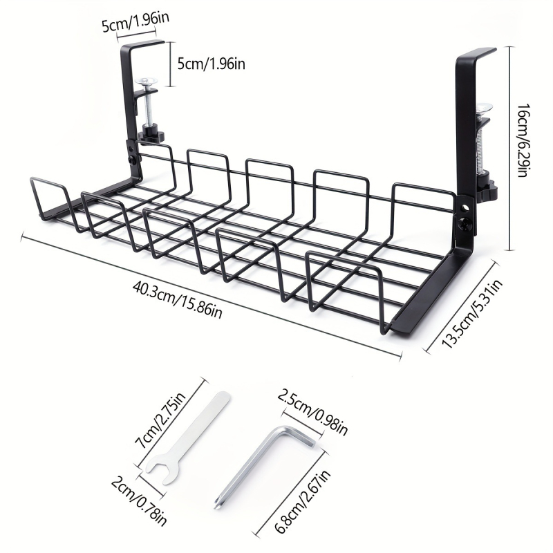 Под бюрото органайзер за кабели – въглеродна стомана, без пробиване, монтаж на бюро, 1 слой