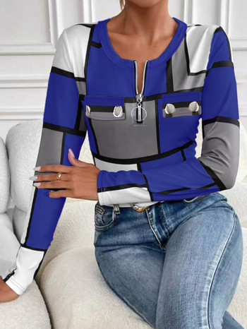 Женска тениска с дълги ръкави, полиестер и спандекс, принт в каре, кръгло деколте, средна дължина, пуловер стил