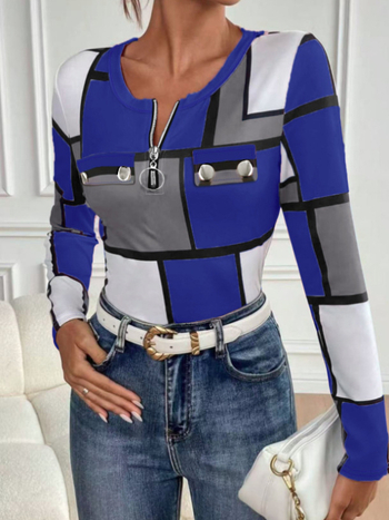 Женска тениска с дълги ръкави, полиестер и спандекс, принт в каре, кръгло деколте, средна дължина, пуловер стил