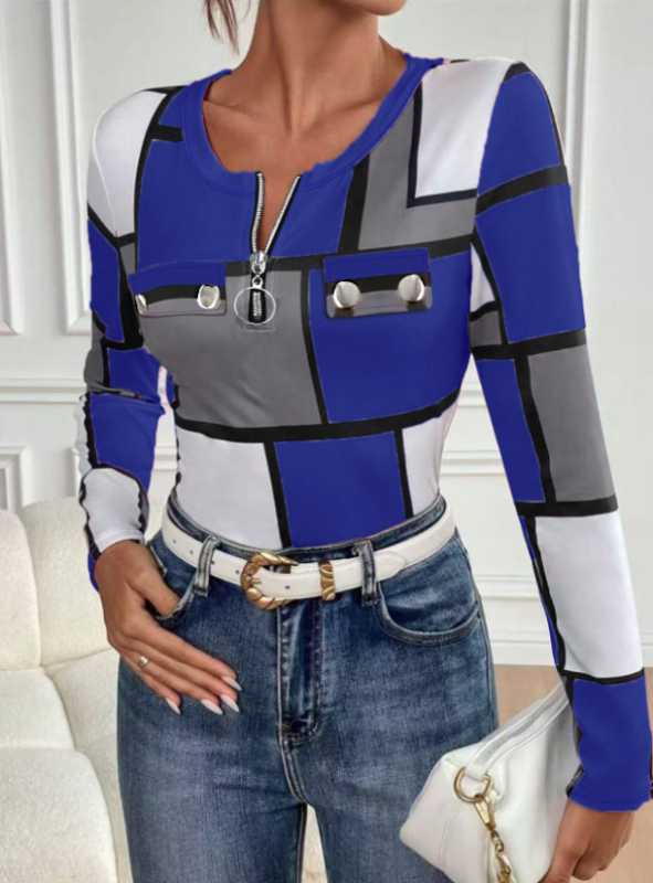 Женска тениска с дълги ръкави, полиестер и спандекс, принт в каре, кръгло деколте, средна дължина, пуловер стил