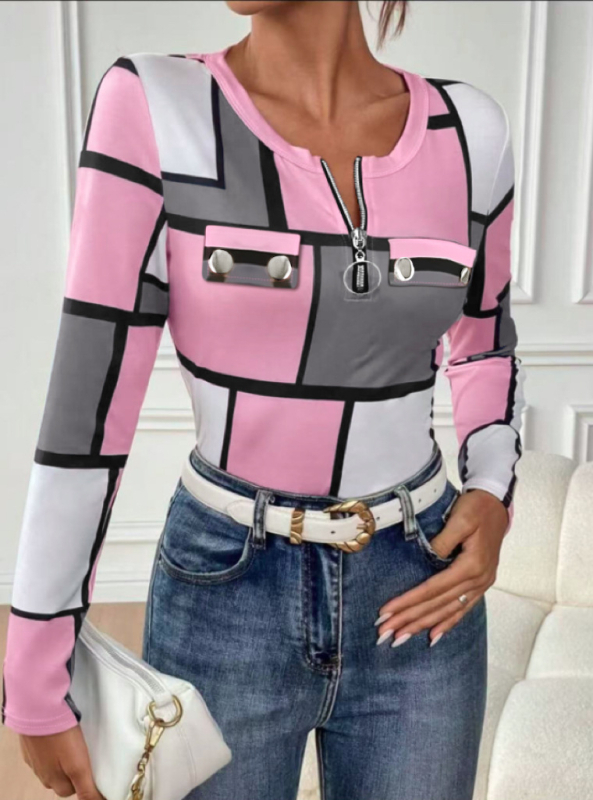 Женска тениска с дълги ръкави, полиестер и спандекс, принт в каре, кръгло деколте, средна дължина, пуловер стил