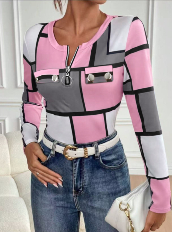 Женска тениска с дълги ръкави, полиестер и спандекс, принт в каре, кръгло деколте, средна дължина, пуловер стил