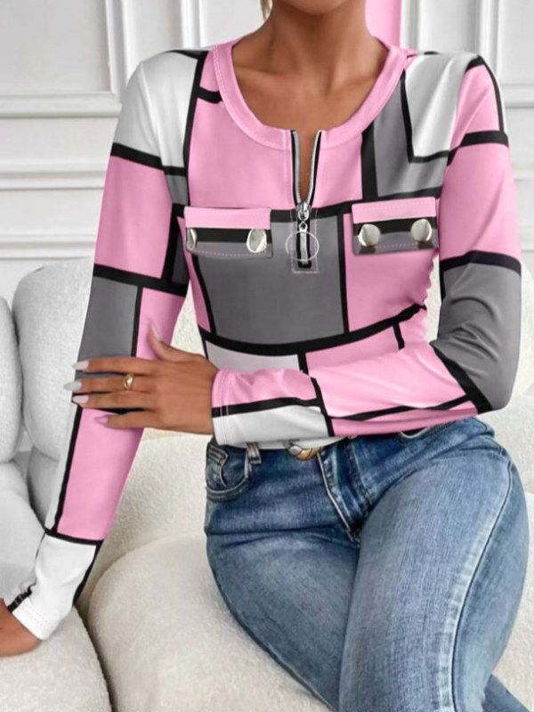 Женска тениска с дълги ръкави, полиестер и спандекс, принт в каре, кръгло деколте, средна дължина, пуловер стил