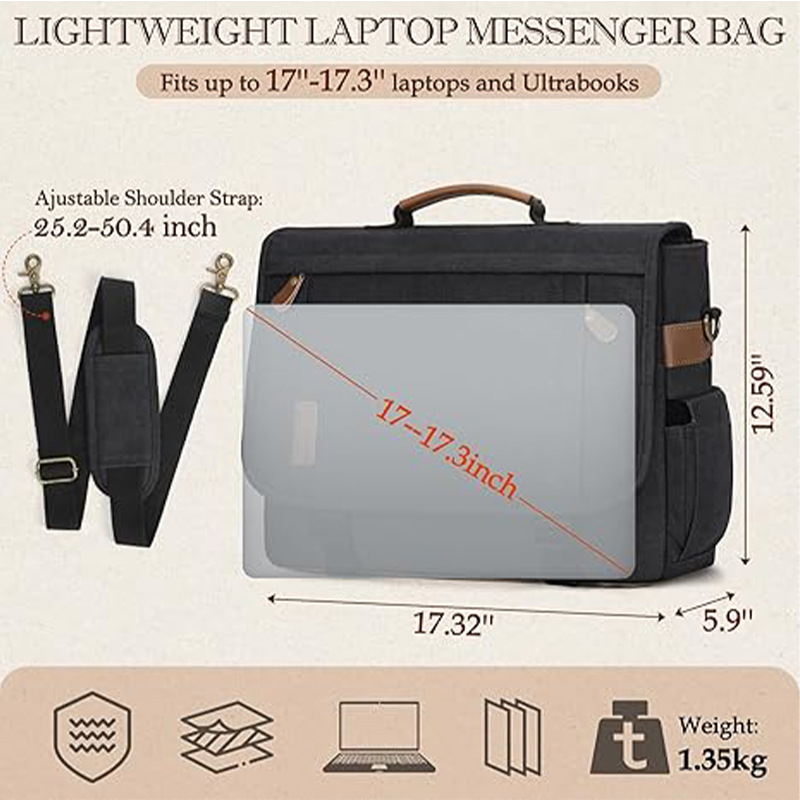 Мъжка платнена чанта през рамо за бизнес пътувания, водоустойчива, матов финиш, хоризонтално квадратна форма, вътрешен джоб с цип и джоб за документи, една презрамка