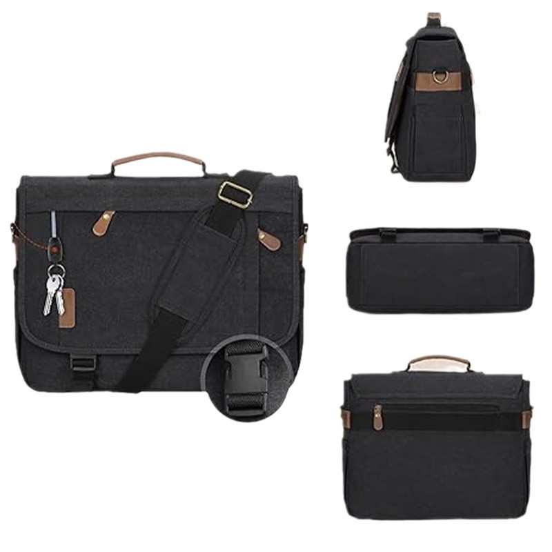 Мъжка платнена чанта през рамо за бизнес пътувания, водоустойчива, матов финиш, хоризонтално квадратна форма, вътрешен джоб с цип и джоб за документи, една презрамка