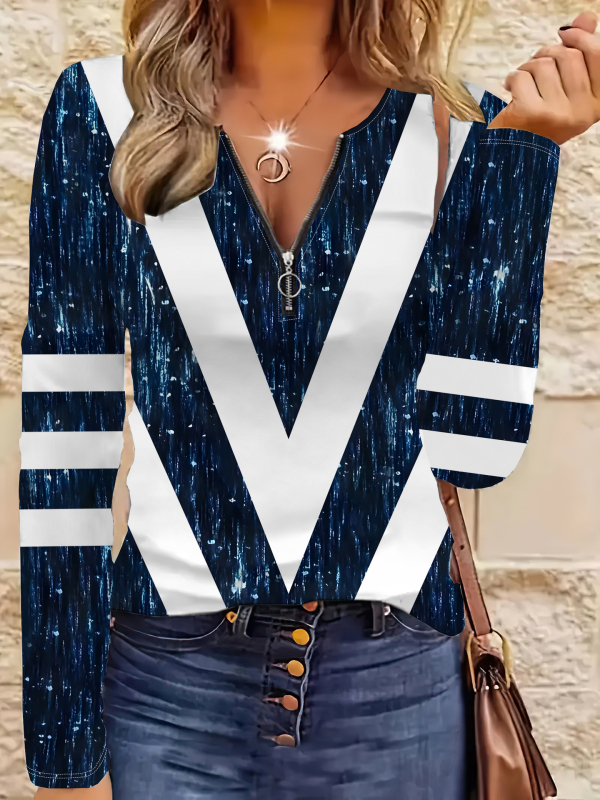 Тениска с дълъг ръкав и яка с цип, пайчворк принт, полиестер със спандекс 95%+, свободна кройка, ежедневен стил японско‑корейски