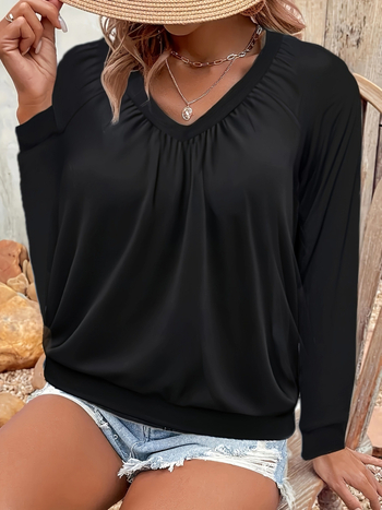 Полиестрова тениска с V-образно деколте, фонарен ръкав, плисирана текстура, средна дължина