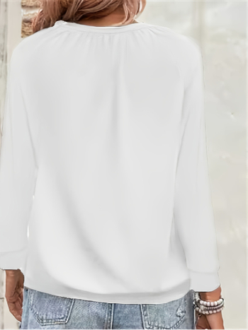 Полиестрова тениска с V-образно деколте, фонарен ръкав, плисирана текстура, средна дължина