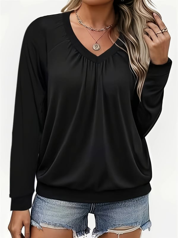 Полиестрова тениска с V-образно деколте, фонарен ръкав, плисирана текстура, средна дължина