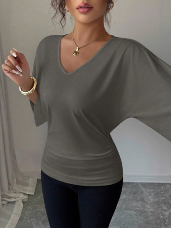 Dámsky top na voľný čas s krátkymi rukávmi, okrúhlym výstrihom, jednofarebný, patchwork detaily, polyester-spandex zmes