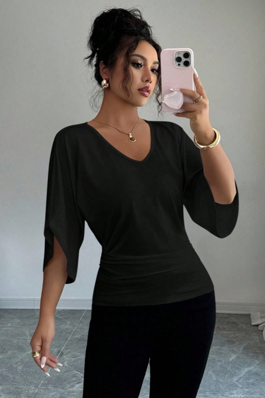 Dámsky top na voľný čas s krátkymi rukávmi, okrúhlym výstrihom, jednofarebný, patchwork detaily, polyester-spandex zmes