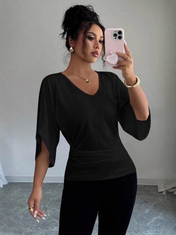 Dámsky top na voľný čas s krátkymi rukávmi, okrúhlym výstrihom, jednofarebný, patchwork detaily, polyester-spandex zmes