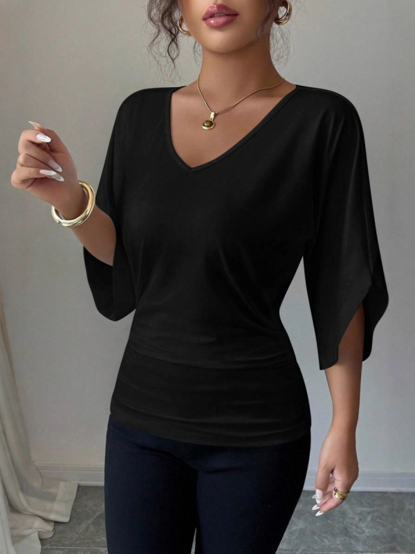 Dámsky top na voľný čas s krátkymi rukávmi, okrúhlym výstrihom, jednofarebný, patchwork detaily, polyester-spandex zmes