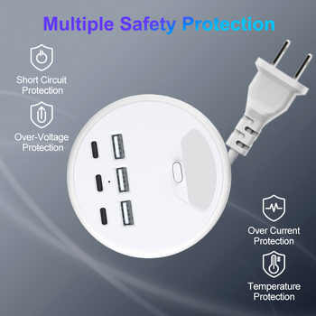 Inteligentný predlžovač s 3 Type-C a 3 USB portmi, americký štandard, s vypínačom a nočnou lampou, 1250W, 125V, 10A