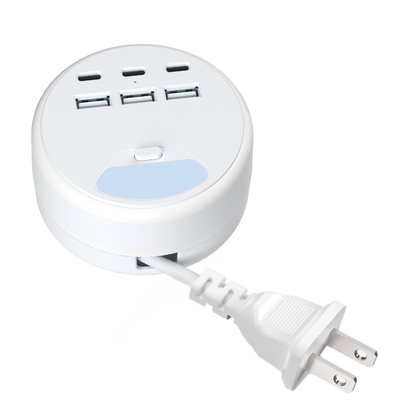 Inteligentný predlžovač s 3 Type-C a 3 USB portmi, americký štandard, s vypínačom a nočnou lampou, 1250W, 125V, 10A