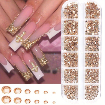 Dekorácie na nechty s krištálmi zo skla, ploché dno, 12-priehradková krabička s okrúhlymi diamantmi, vzor 31865