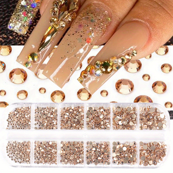 Dekorácie na nechty s krištálmi zo skla, ploché dno, 12-priehradková krabička s okrúhlymi diamantmi, vzor 31865