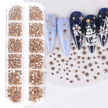 Dekorácie na nechty s krištálmi zo skla, ploché dno, 12-priehradková krabička s okrúhlymi diamantmi, vzor 31865