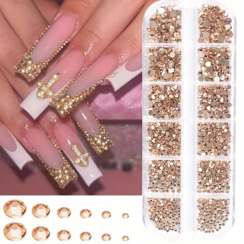 Dekorácie na nechty s krištálmi zo skla, ploché dno, 12-priehradková krabička s okrúhlymi diamantmi, vzor 31865