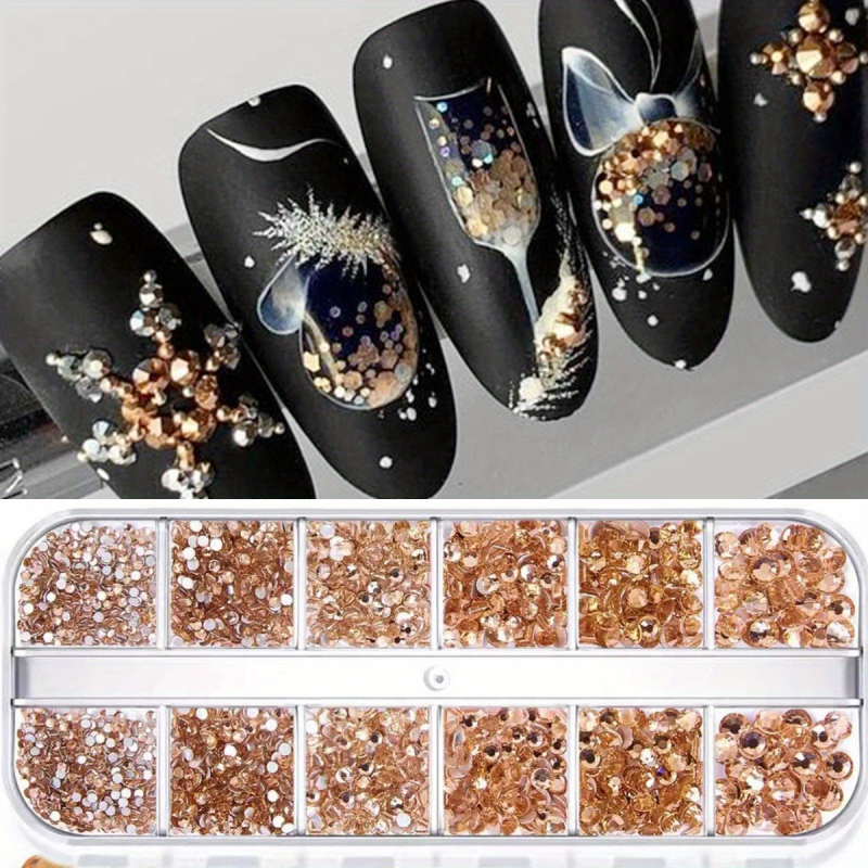 Dekorácie na nechty s krištálmi zo skla, ploché dno, 12-priehradková krabička s okrúhlymi diamantmi, vzor 31865