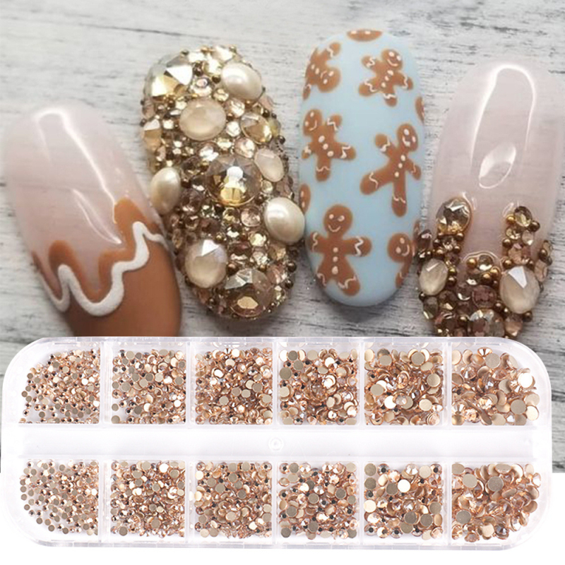 Dekorácie na nechty s krištálmi zo skla, ploché dno, 12-priehradková krabička s okrúhlymi diamantmi, vzor 31865