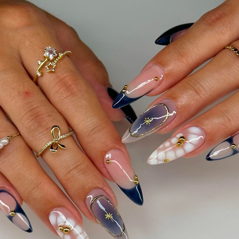 Наклейки за нокти с 3D цветя, бадемовидно оформление, леопардов принт и звездни мотиви, златен кант