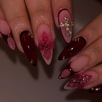 24 kusov umelých nechtov v mandľovom tvare, s krížom a kvetinovým vzorom, vyrezávaná ruža a perly, na nosenie