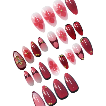 24 kusov umelých nechtov v mandľovom tvare, s krížom a kvetinovým vzorom, vyrezávaná ruža a perly, na nosenie