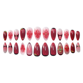 24 kusov umelých nechtov v mandľovom tvare, s krížom a kvetinovým vzorom, vyrezávaná ruža a perly, na nosenie