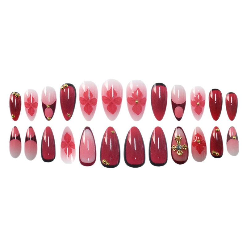 24 kusov umelých nechtov v mandľovom tvare, s krížom a kvetinovým vzorom, vyrezávaná ruža a perly, na nosenie