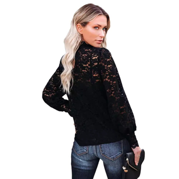 Дантелено горнище с яка-стойка, фенерни дълги ръкави, PVC материя, подплата — пролет 2025, базов градски стил