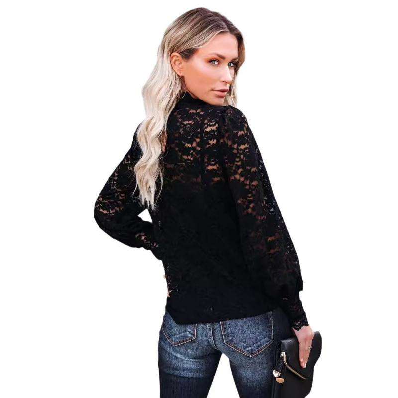 Дантелено горнище с яка-стойка, фенерни дълги ръкави, PVC материя, подплата — пролет 2025, базов градски стил