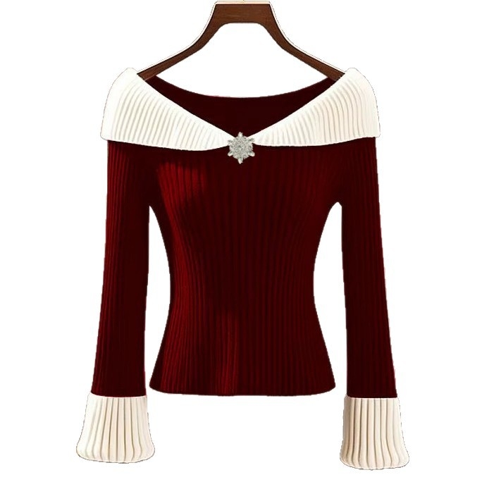 Елегантен плетен пуловер с V-образно деколте, контрастни панели, slim fit; core-spun прежда върху вискозна материя